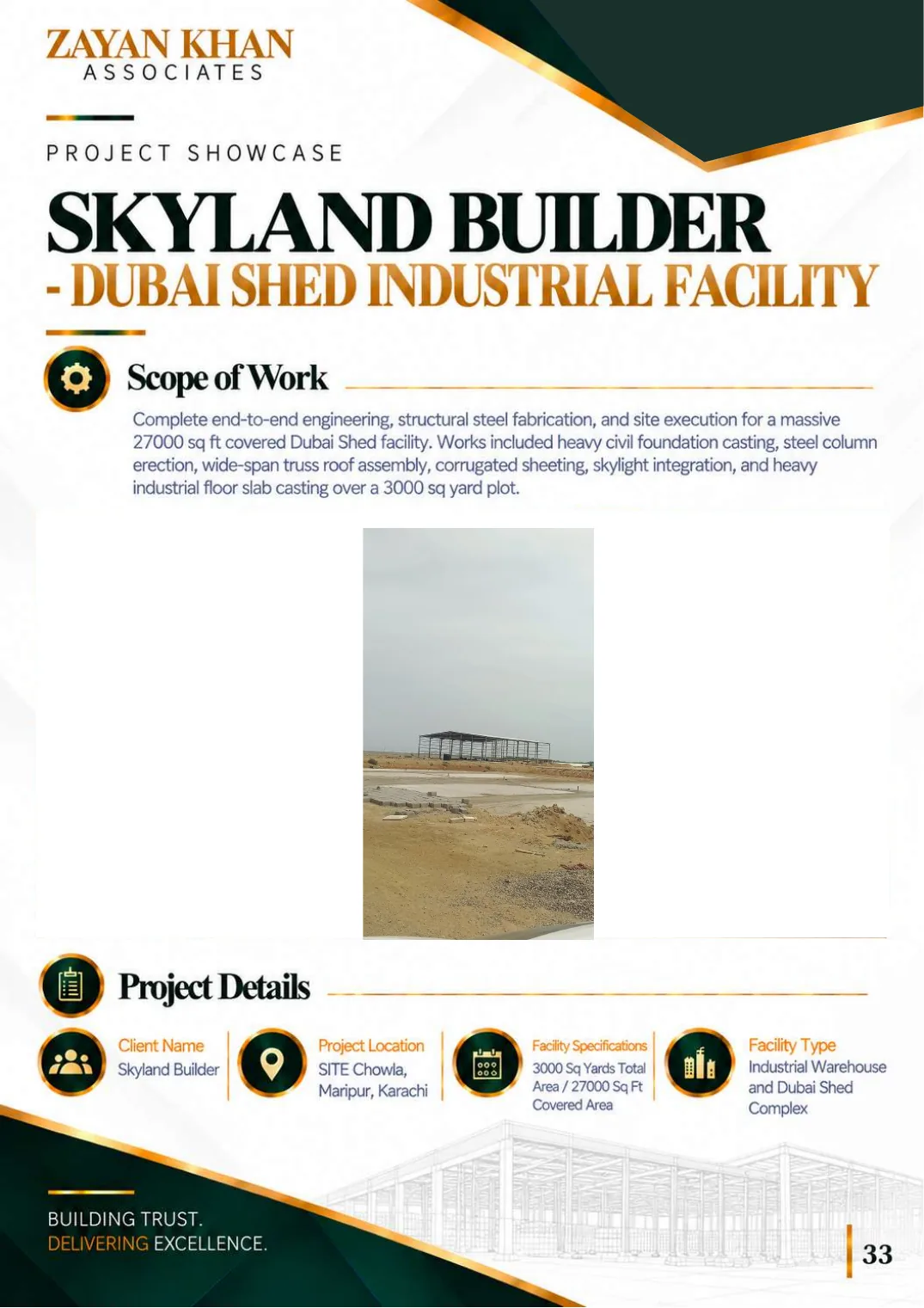 Company profile, page 34: Skyland Builder — Dubai Shed industrial facility