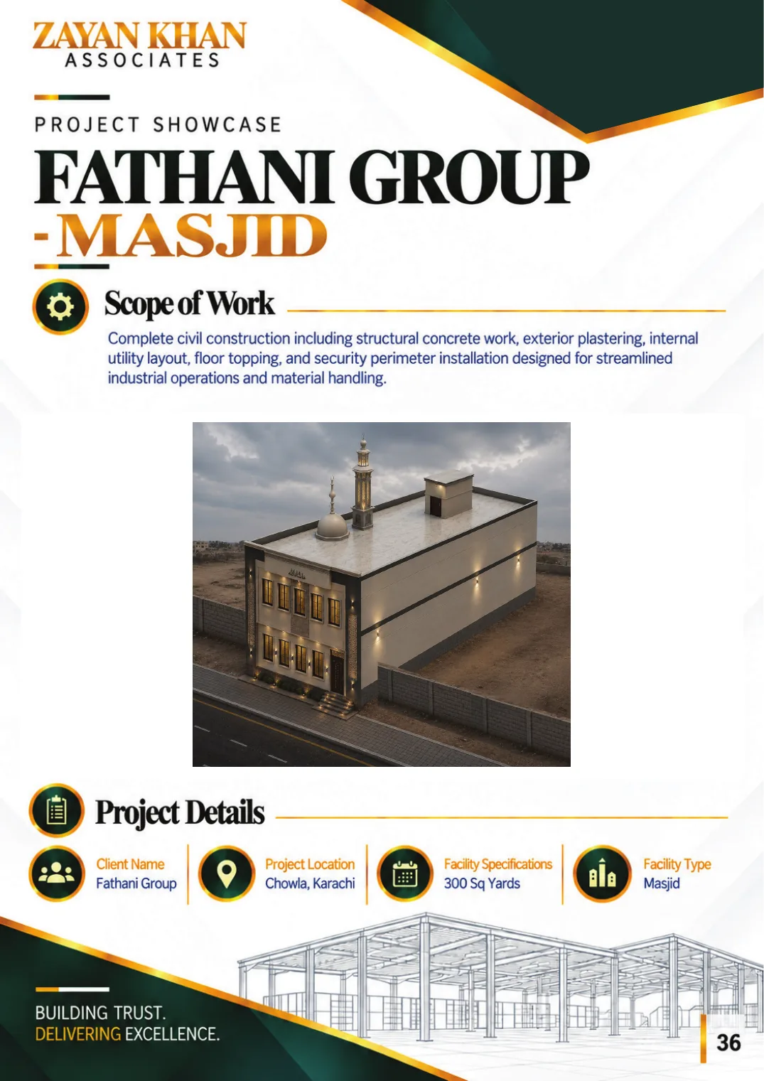Company profile, page 36: Fathani Group Masjid — Turnkey civil and steel structure