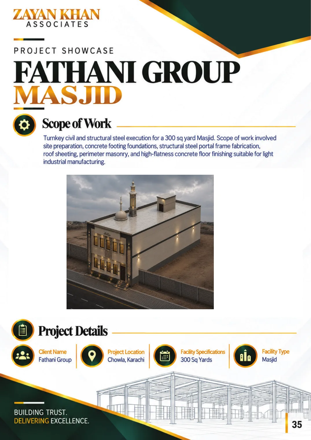 Company profile, page 37: Fathani Group Masjid — Turnkey civil and steel structure